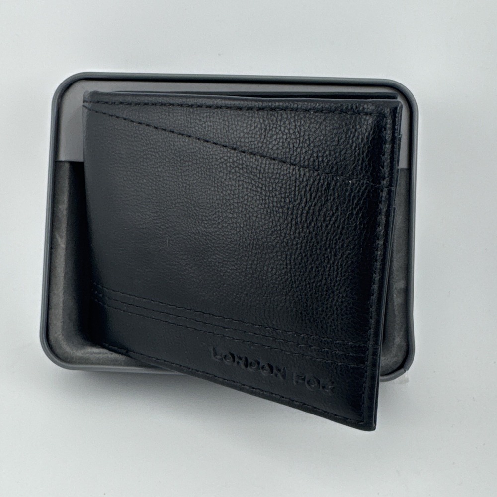 London Fog Men's Leather Bifold Passcase Wallet Black With Metal Tin New